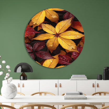 Kleurrijk herfstbladeren met waterdruppels aluminium muurcirkel
