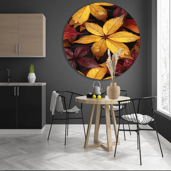 Kleurrijk herfstbladeren met waterdruppels aluminium muurcirkel