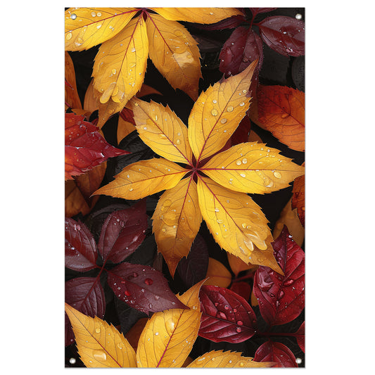 Kleurrijk herfstbladeren met waterdruppels tuinposter
