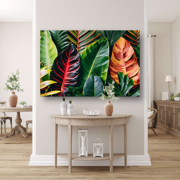 Levendige groene bladeren met kleurrijke accenten canvas