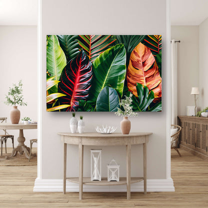 Levendige groene bladeren met kleurrijke accenten canvas