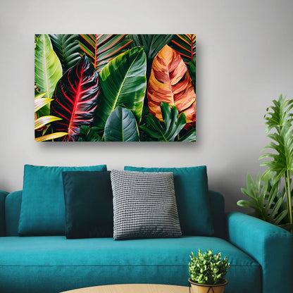 Levendige groene bladeren met kleurrijke accenten canvas