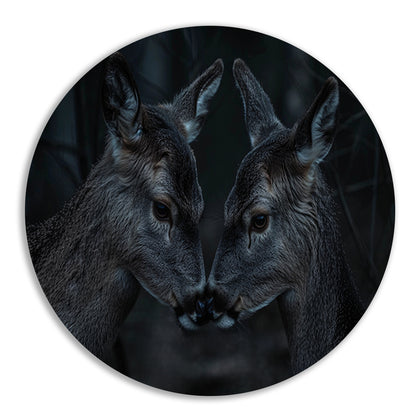 Twee herten in een donker bos aluminium muurcirkel