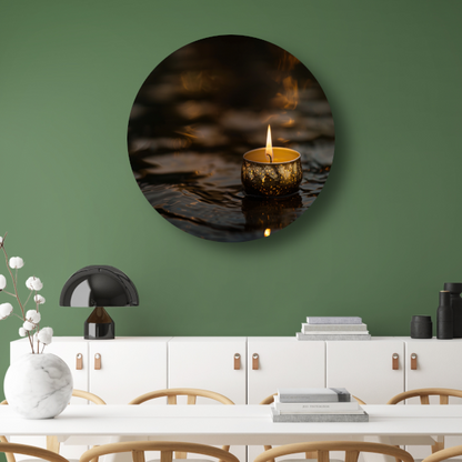 Sfeervolle kaars met gouden details op donker water aluminium muurcirkel