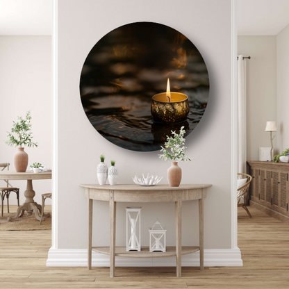 Sfeervolle kaars met gouden details op donker water aluminium muurcirkel