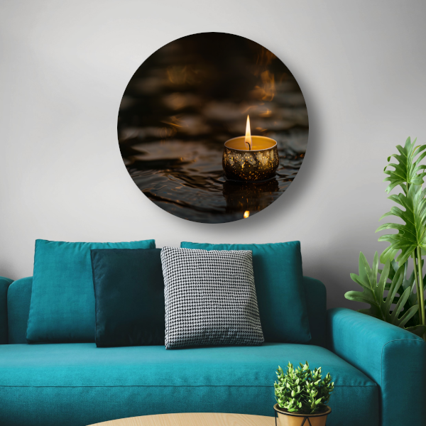 Sfeervolle kaars met gouden details op donker water aluminium muurcirkel