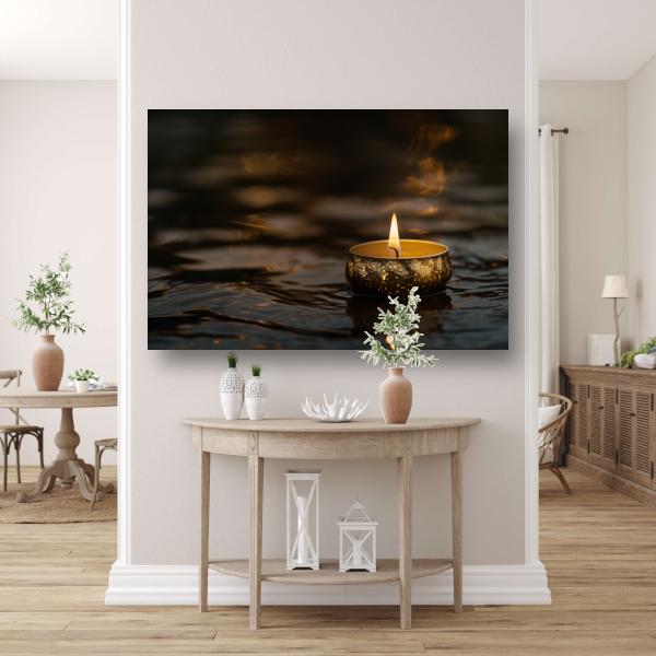 Sfeervolle kaars met gouden details op donker water canvas