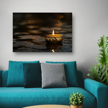 Sfeervolle kaars met gouden details op donker water canvas