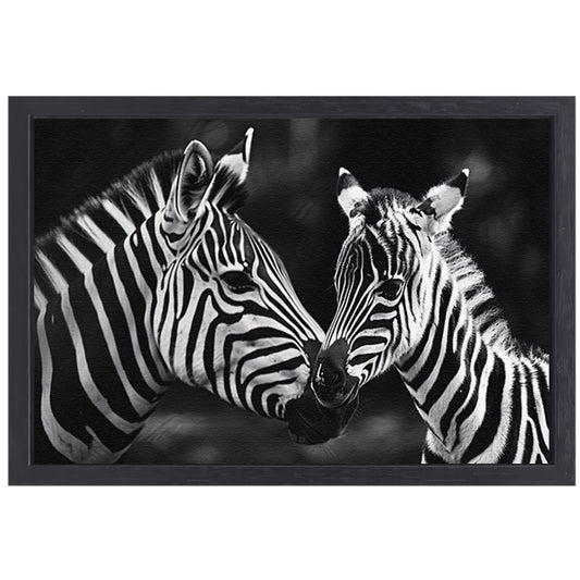 Intieme ontmoeting zebra moeder en jong canvas met baklijst
