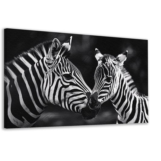 Intieme ontmoeting zebra moeder en jong canvas
