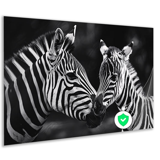 Intieme ontmoeting zebra moeder en jong poster