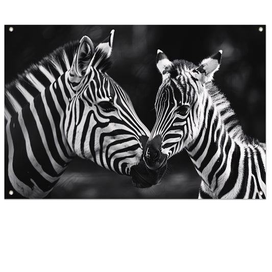 Intieme ontmoeting zebra moeder en jong tuinposter