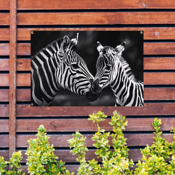 Intieme ontmoeting zebra moeder en jong tuinposter