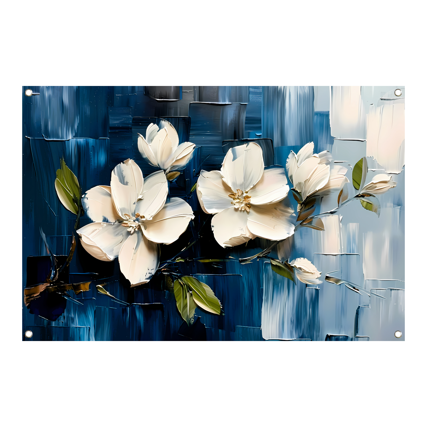 Abstracte witte bloemen op blauwe achtergrond tuinposter