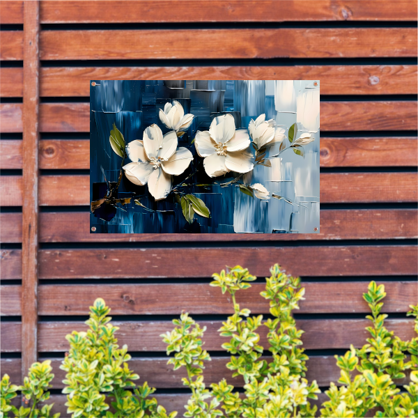 Abstracte witte bloemen op blauwe achtergrond tuinposter