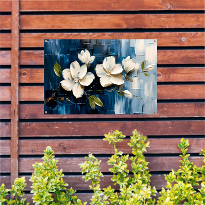 Abstracte witte bloemen op blauwe achtergrond tuinposter