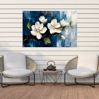Abstracte witte bloemen op blauwe achtergrond tuinposter