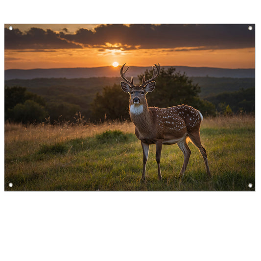 Hert in grasveld bij zonsondergang tuinposter