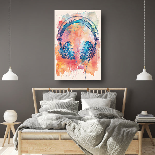 Abstract Koptelefoon met Verfspatten canvas met baklijst