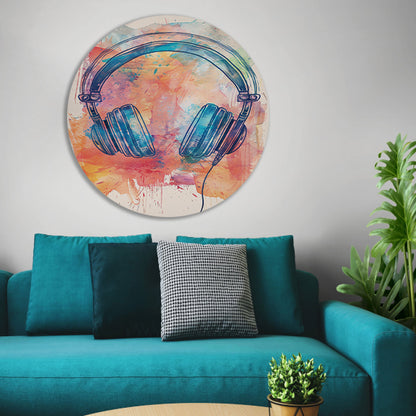 Abstract Koptelefoon met Verfspatten aluminium muurcirkel