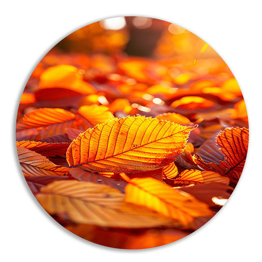 Herfstbladeren in Warm Zonlicht aluminium muurcirkel