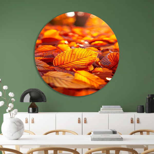 Herfstbladeren in Warm Zonlicht aluminium muurcirkel