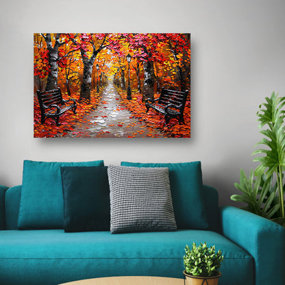 Herfstpark met kleurrijke bomen en bankjes poster