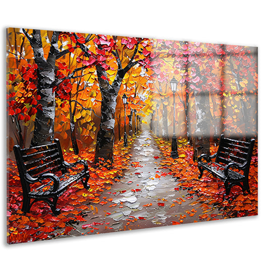 Herfstpark met kleurrijke bomen en bankjes acrylglas