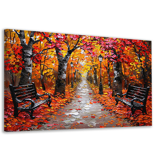 Herfstpark met kleurrijke bomen en bankjes canvas
