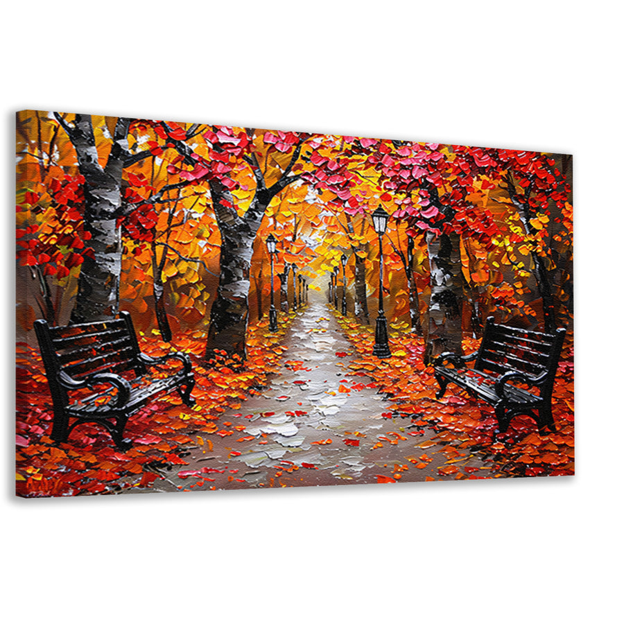 Herfstpark met kleurrijke bomen en bankjes canvas