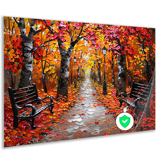 Herfstpark met kleurrijke bomen en bankjes poster