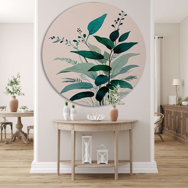 Minimalistische Japandi botanische kunst met bladeren aluminium muurcirkel