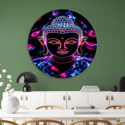 Kleurrijk neon Boeddha kunstwerk aluminium muurcirkel