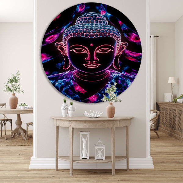Kleurrijk neon Boeddha kunstwerk aluminium muurcirkel
