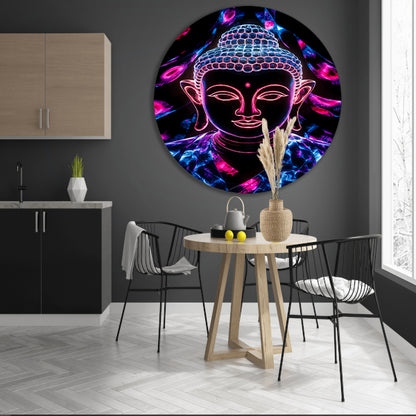 Kleurrijk neon Boeddha kunstwerk aluminium muurcirkel