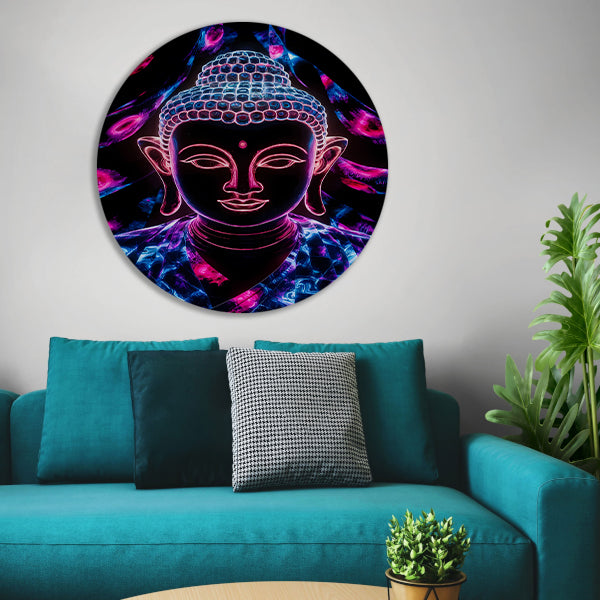 Kleurrijk neon Boeddha kunstwerk aluminium muurcirkel