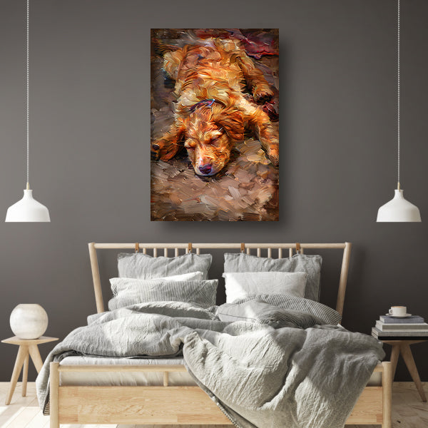 Schilderij van een slapende puppy met bril poster