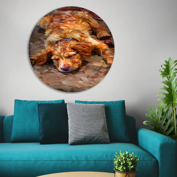 Schilderij van een slapende puppy met bril forex muurcirkel