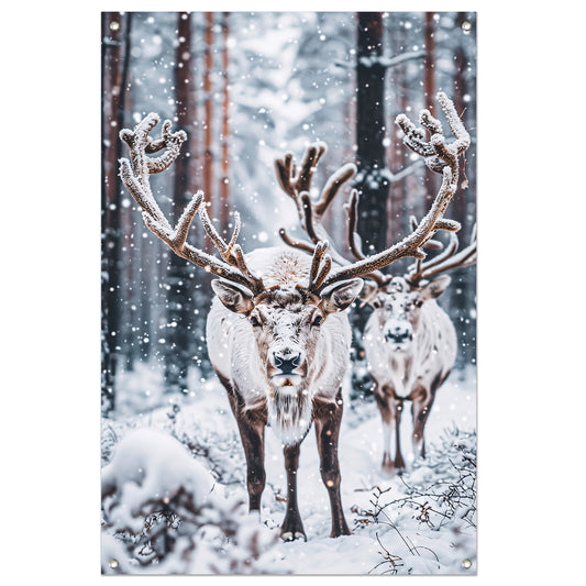 Twee Rendieren in Besneeuwd Bos tuinposter