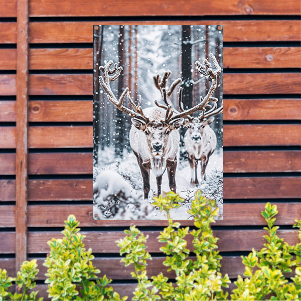 Twee Rendieren in Besneeuwd Bos tuinposter