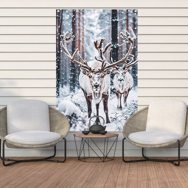 Twee Rendieren in Besneeuwd Bos tuinposter