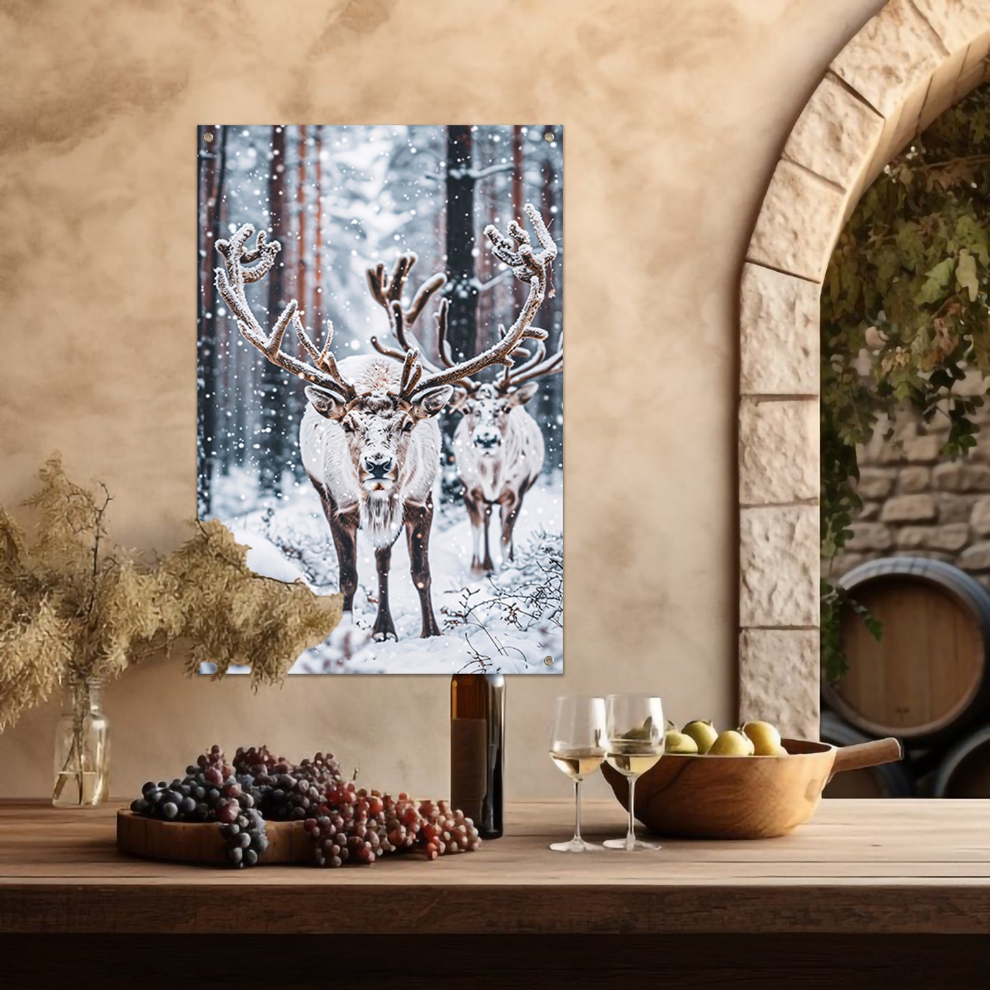 Twee Rendieren in Besneeuwd Bos tuinposter
