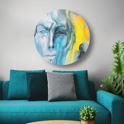Emotionele Abstractie in Blauw en Geel aluminium muurcirkel