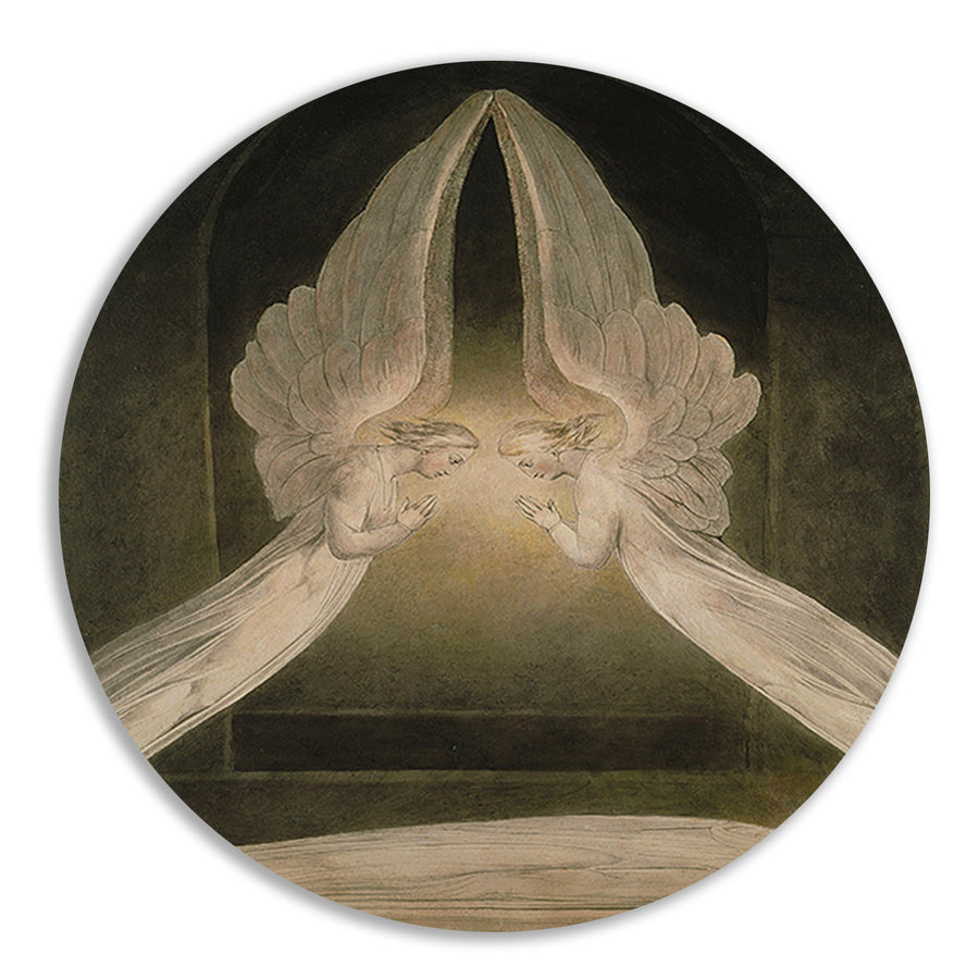 Christus in het graf, bewaakt door engelen - William Blake aluminium muurcirkel