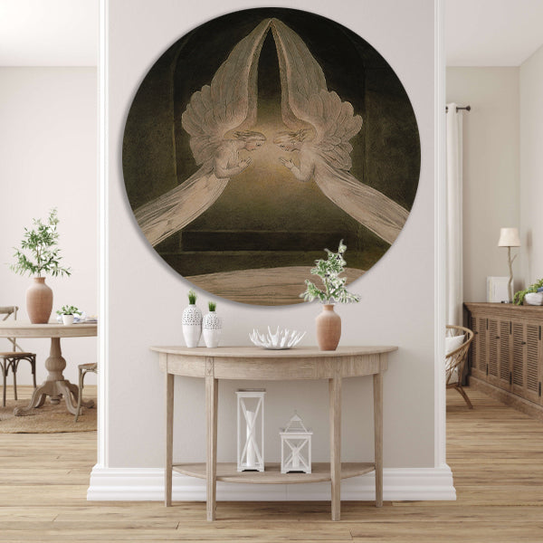 Christus in het graf, bewaakt door engelen - William Blake aluminium muurcirkel