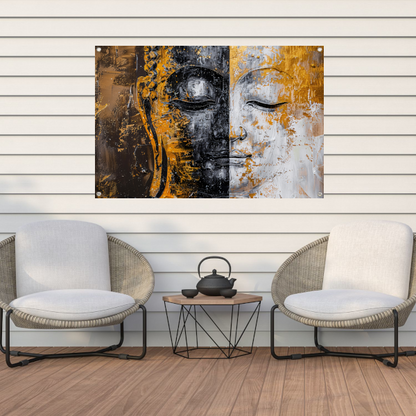Abstracte Visie op Boeddha met Gouden en Zwarte Tinten tuinposter