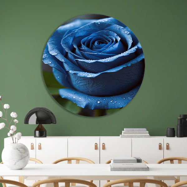 Blauwe roos bedauwd in ochtendlicht aluminium muurcirkel