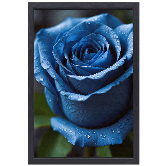 Blauwe roos bedauwd in ochtendlicht canvas met baklijst