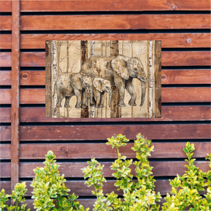 Sepia Olifanten Familie op Houttextuur tuinposter