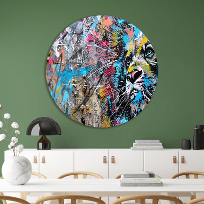 Abstracte leeuw in levendige graffiti-stijl aluminium muurcirkel